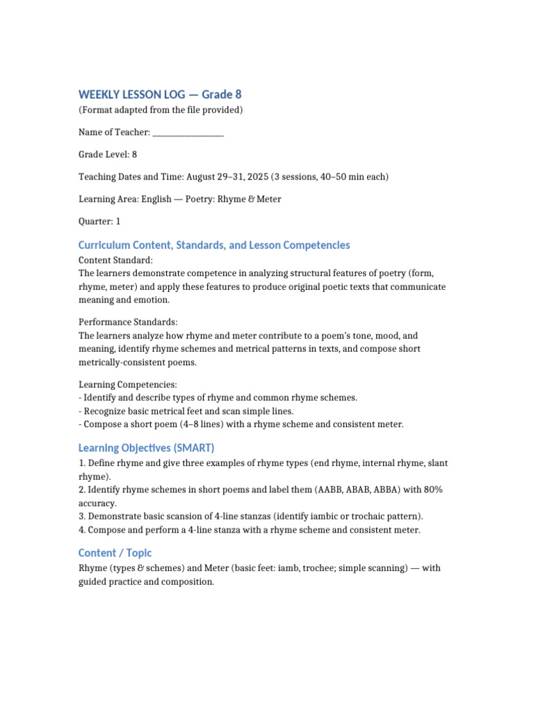 Grade 8 English Poetry Lesson Plan | PDF | Metre (Poetry) | Poetry