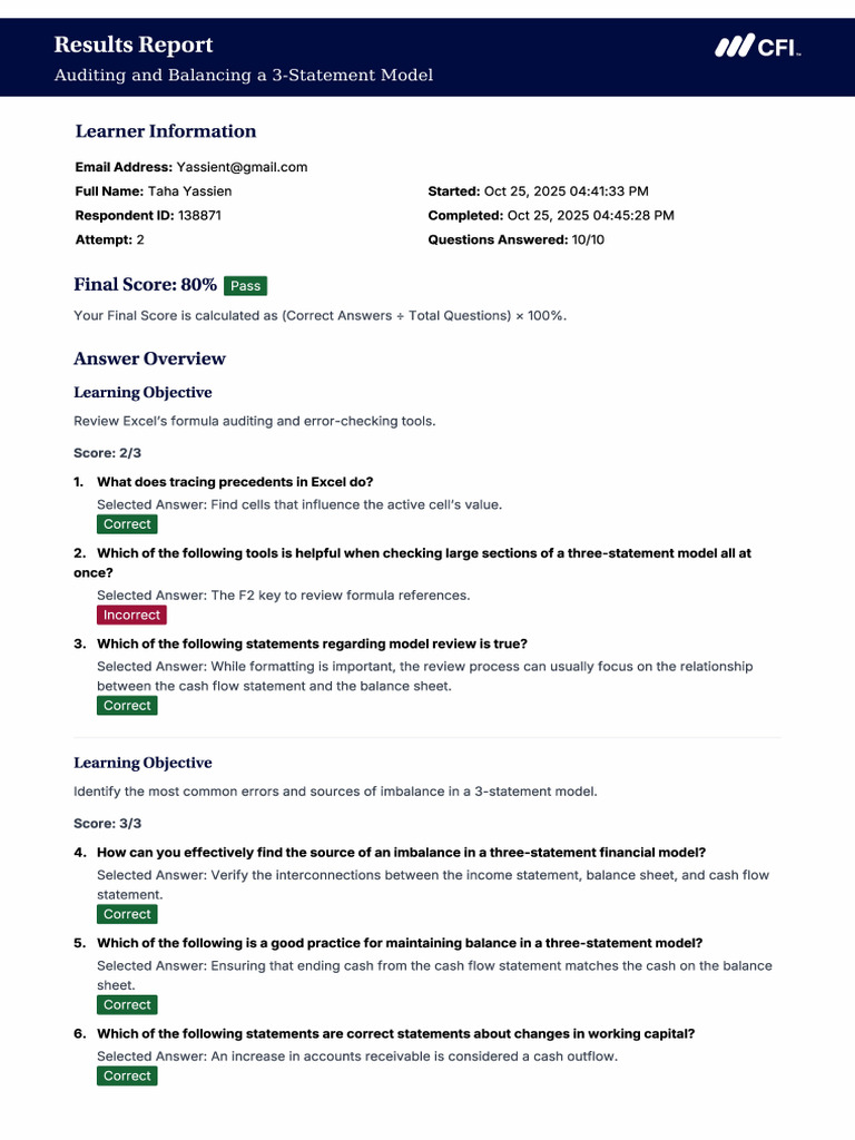 3-Statement Model Audit Results Report | PDF | Audit | Cash Flow Statement