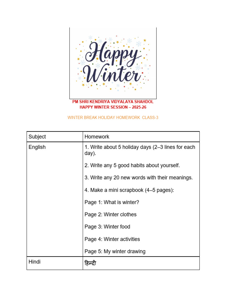 Class 3 Winter Break Homework 2025-26 | PDF