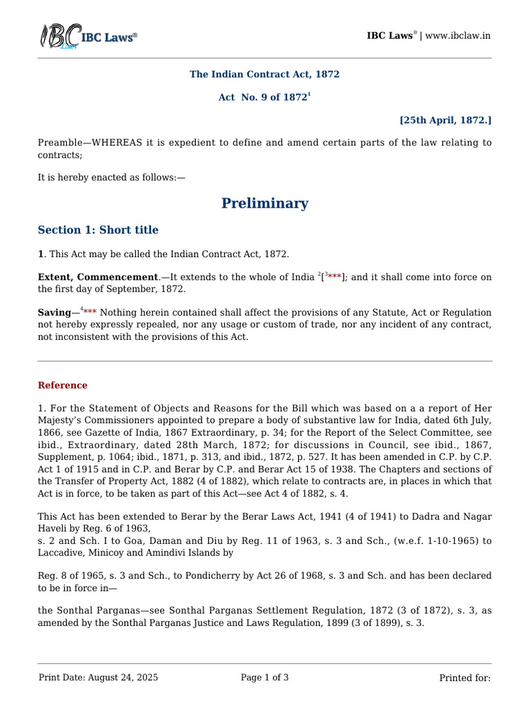 Section 1 of Indian Contract Act 1872 Short Title | PDF | Justice ...