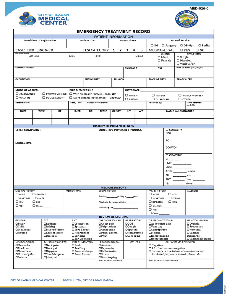 Emergency Treatment Record Template | PDF | Medical Diagnosis | Medicine