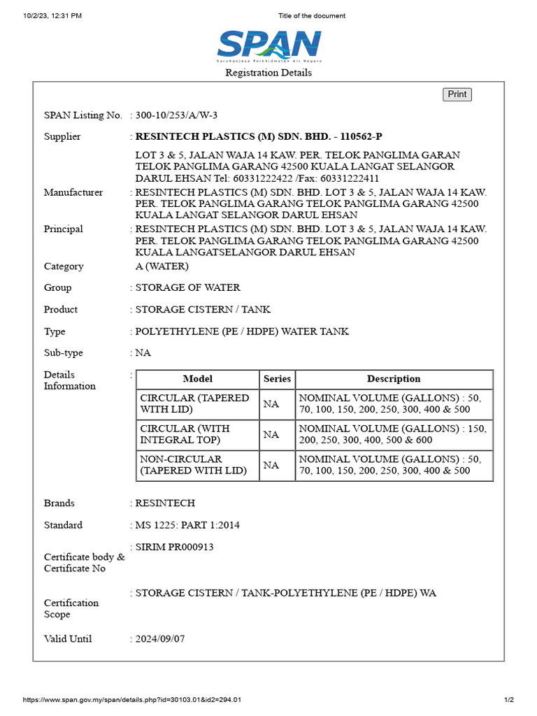 Resintech Water Tank Registration Details | PDF