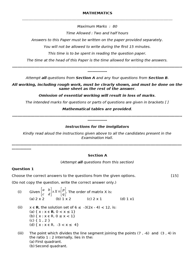 Mathematics Exam Paper Instructions | PDF | Cartesian Coordinate System ...