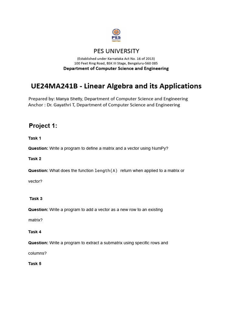NumPy Programming Tasks for Linear Algebra | PDF | Matrix (Mathematics ...