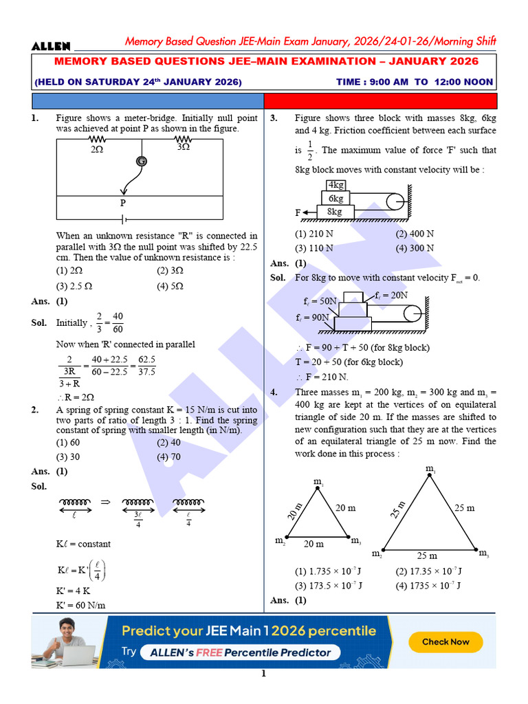 JEE Main Physics Memory-Based Questions | PDF | Refraction | Physical ...