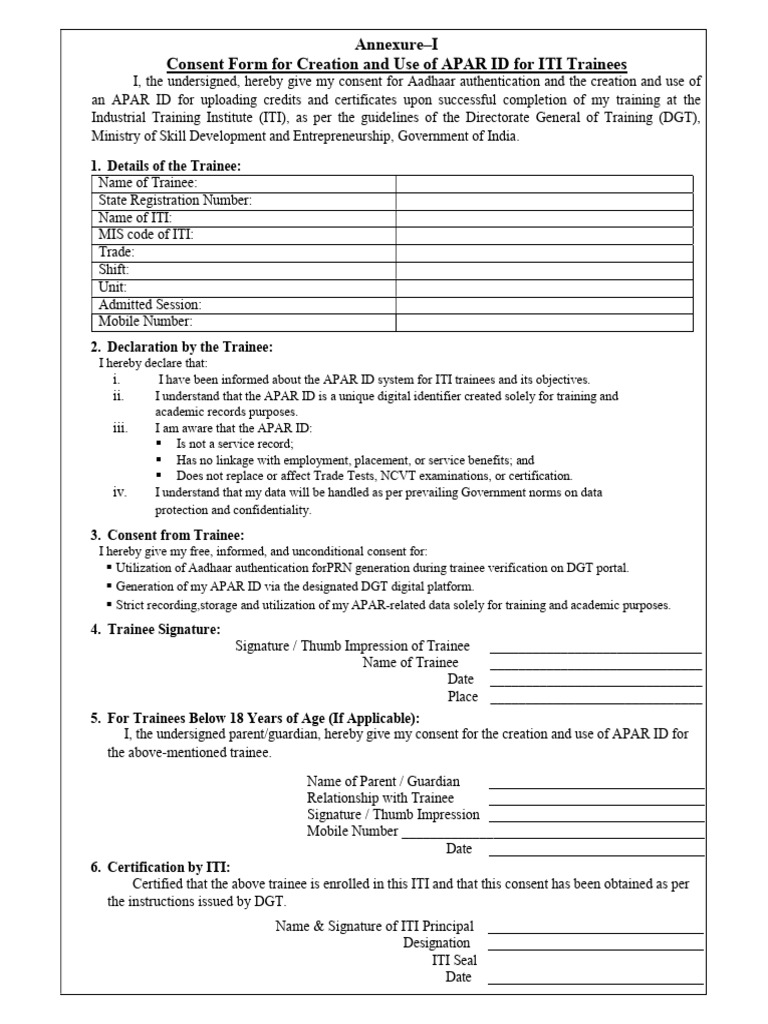 APAR ID Consent Form for ITI Trainees | PDF