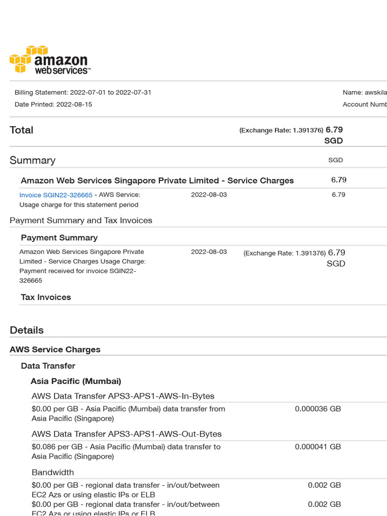 AWS Billing Statement Summary July 2022 | PDF
