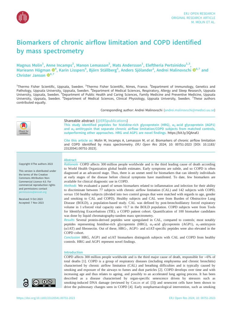 COPD Biomarkers Identified via Mass Spectrometry | PDF | Chronic ...