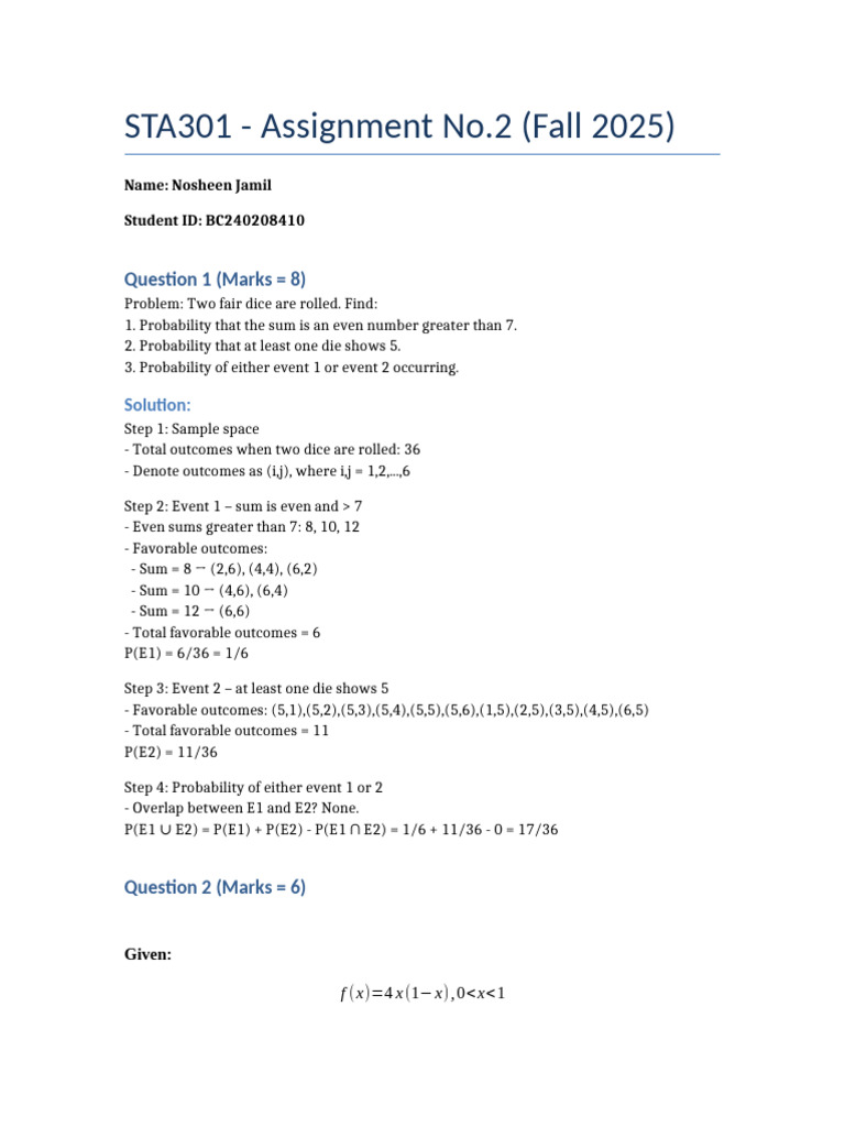 STA301 Assignment2 Complete Final | PDF | Probability | Probability Theory