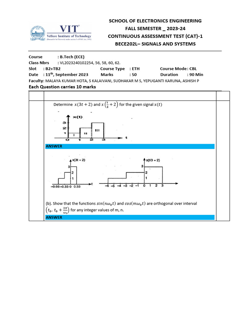 B.Tech ECE Signals and Systems CAT-1 | PDF | Algorithms | Computer ...