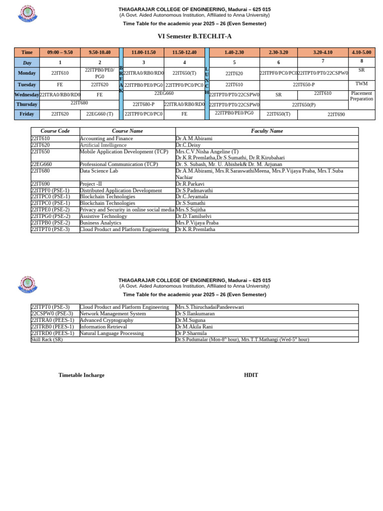 2025-26 B.Tech IT Even Semester Timetable | PDF | Information Science ...