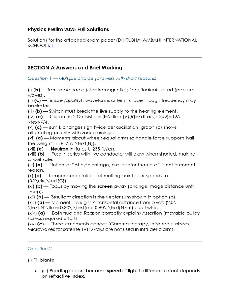 Physics Prelim 2025 Solutions Guide | PDF | Physical Phenomena | Optics