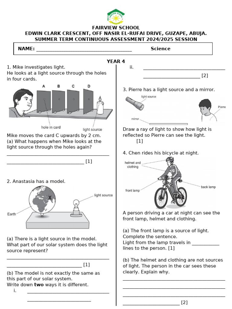 Year 4 Science Assessment on Light | PDF | Planets | Earth