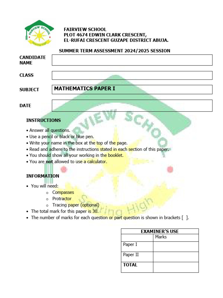Summer 2024/2025 Math Assessment Paper | PDF | Mathematics