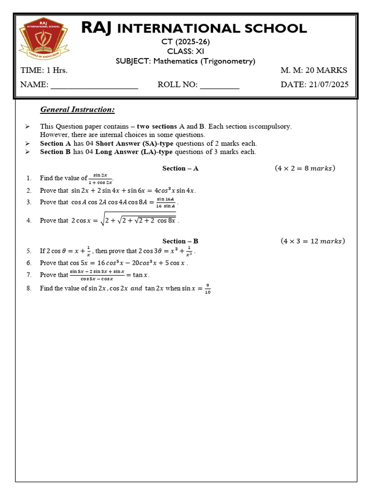 Trigonometry Question Paper for Class XI | PDF