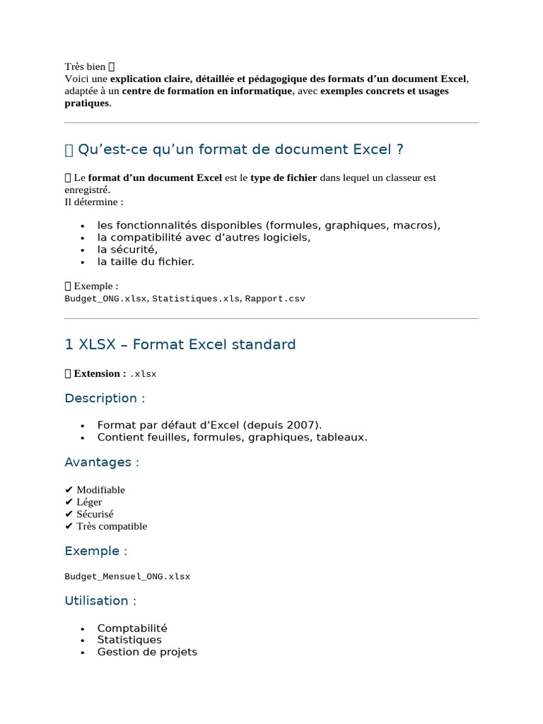 Formats de documents Excel expliqués | PDF | Microsoft Excel | Informatique