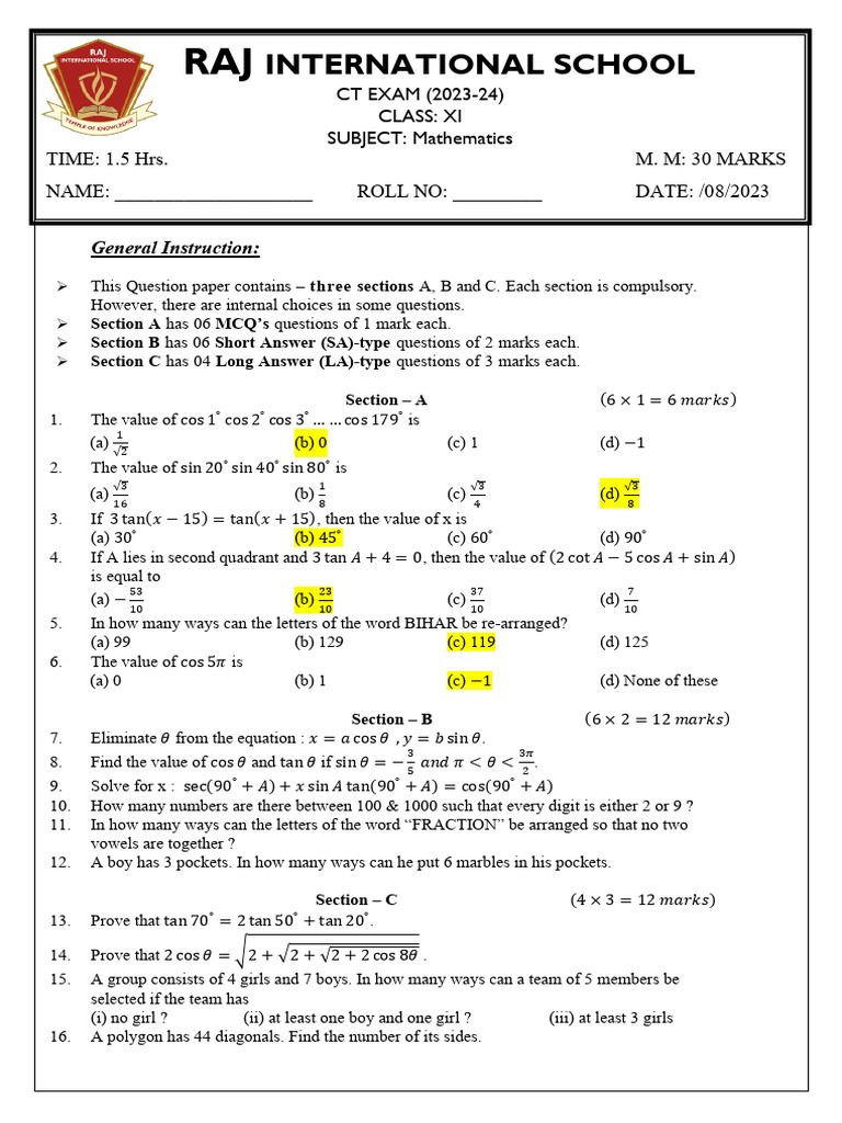 UT XI Class Mathematics - 30 Marks AUGUST 2023 | PDF | Chess Openings ...