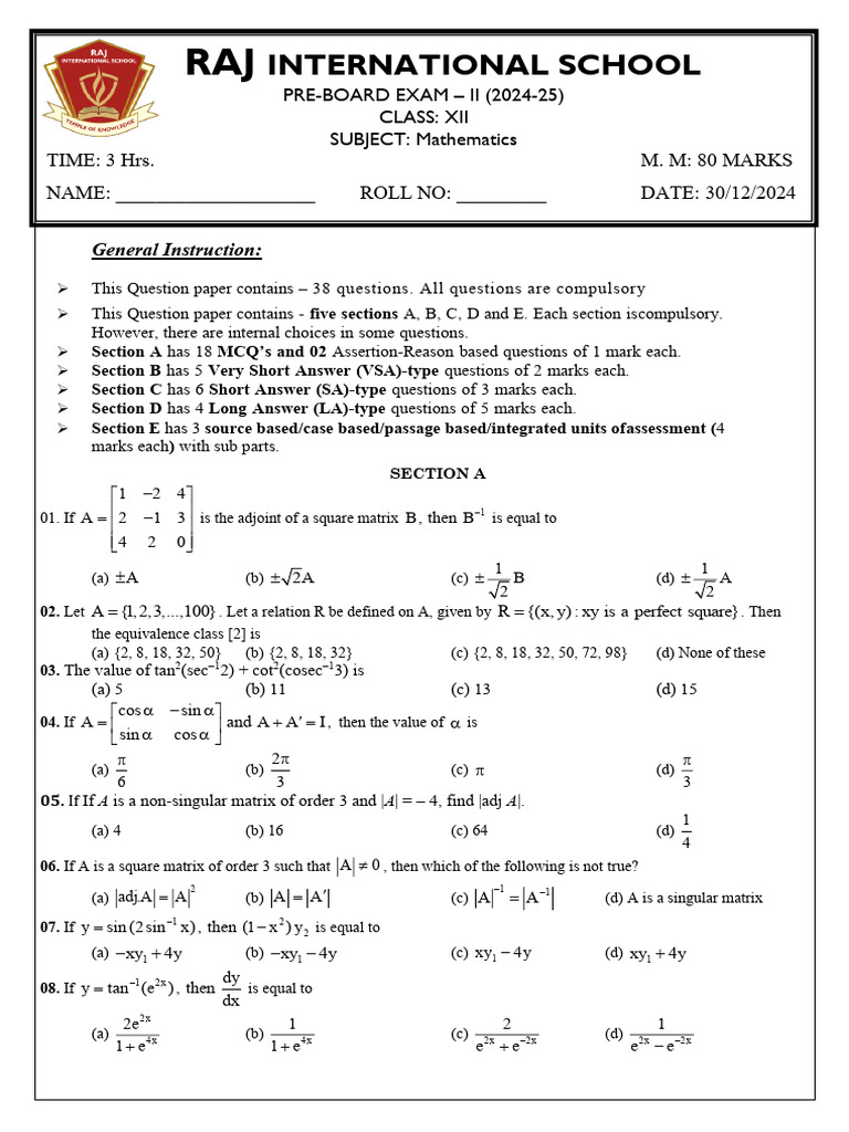 Class XII Mathematics Pre-Board Exam Paper | PDF | Area | Cartesian ...