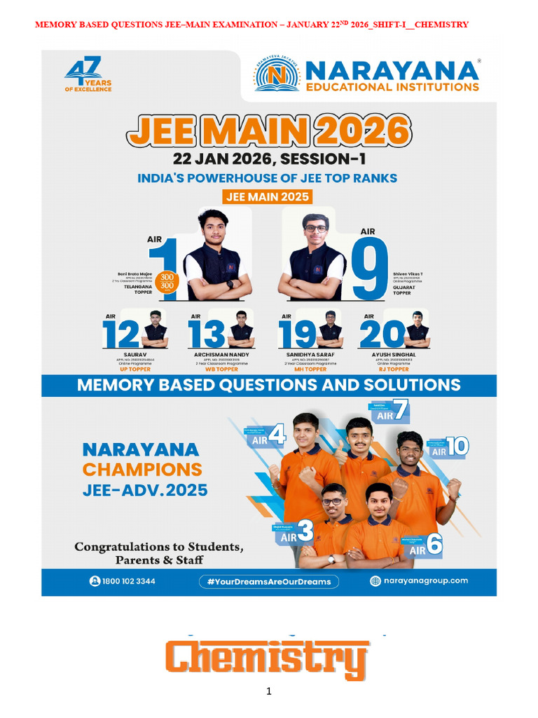 JEE Main 2026 Chemistry Memory Questions | PDF | Chemistry | Organic ...