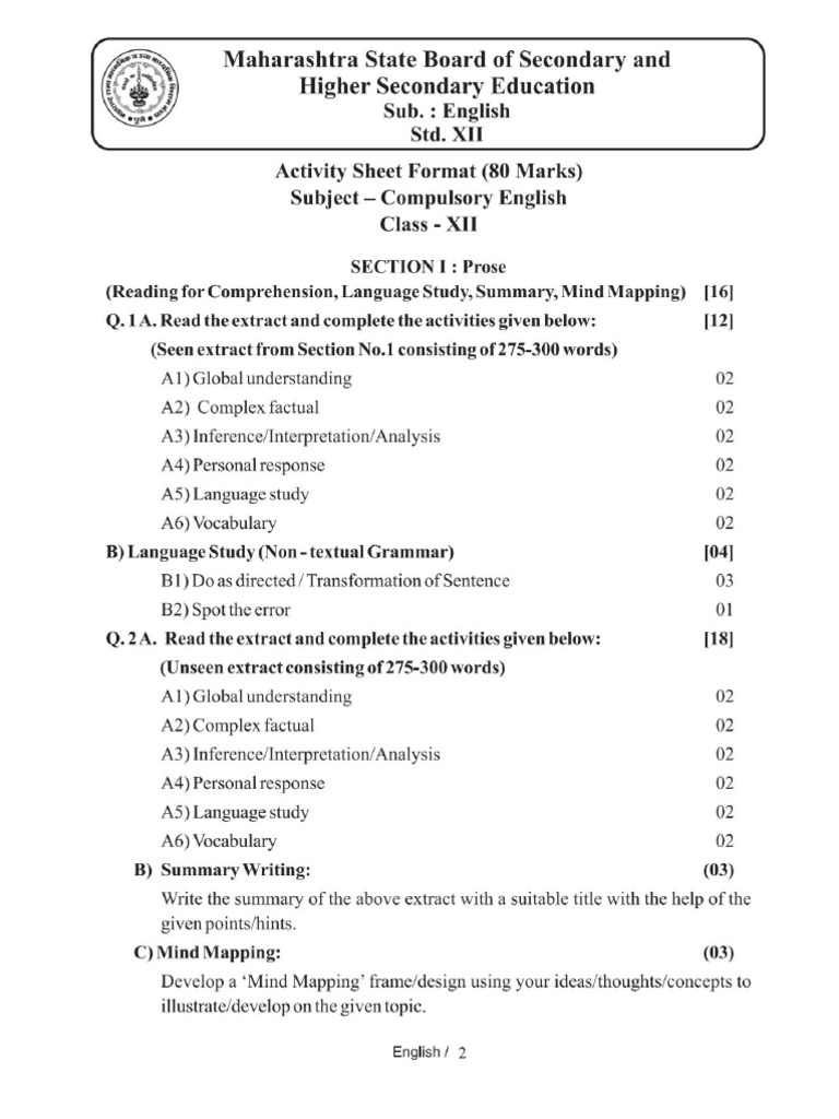 12th English Paper Pattern | PDF