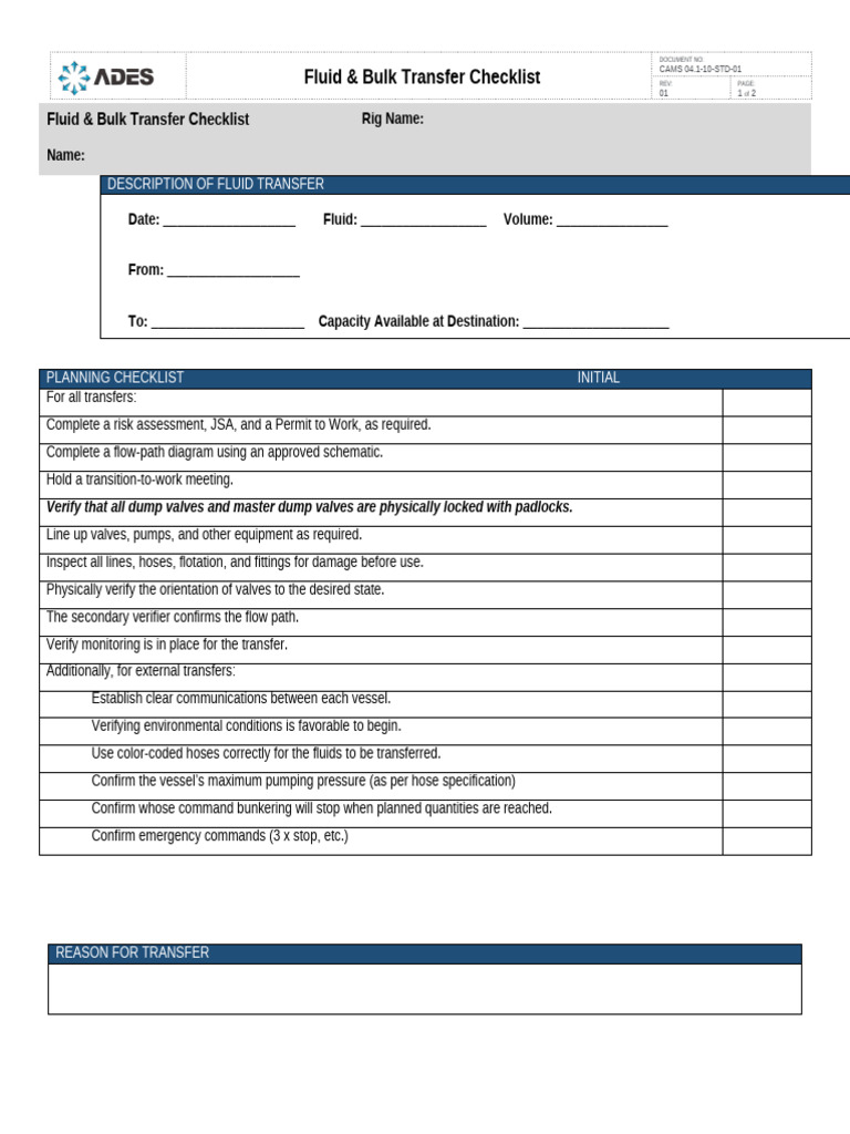 Fluid Transfer Safety Checklist | PDF | Valve | Gases