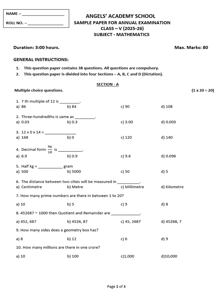 Class V Mathematics Exam Sample Paper | PDF | Length | Shape