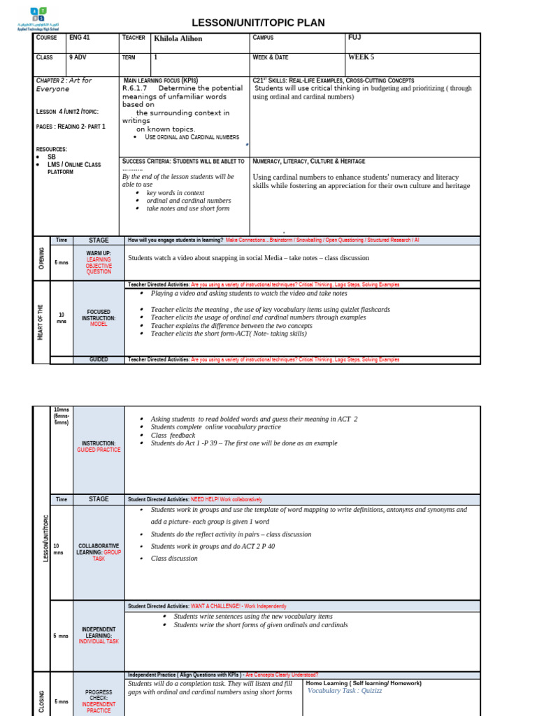 Lesson Plan: Art & Numbers in ENG 41 | PDF | Vocabulary | Critical Thinking