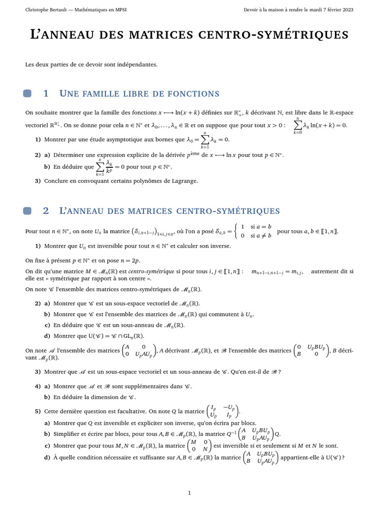 Devoir MPSI : Matrices et Fonctions | PDF | Matrice (Mathématiques ...