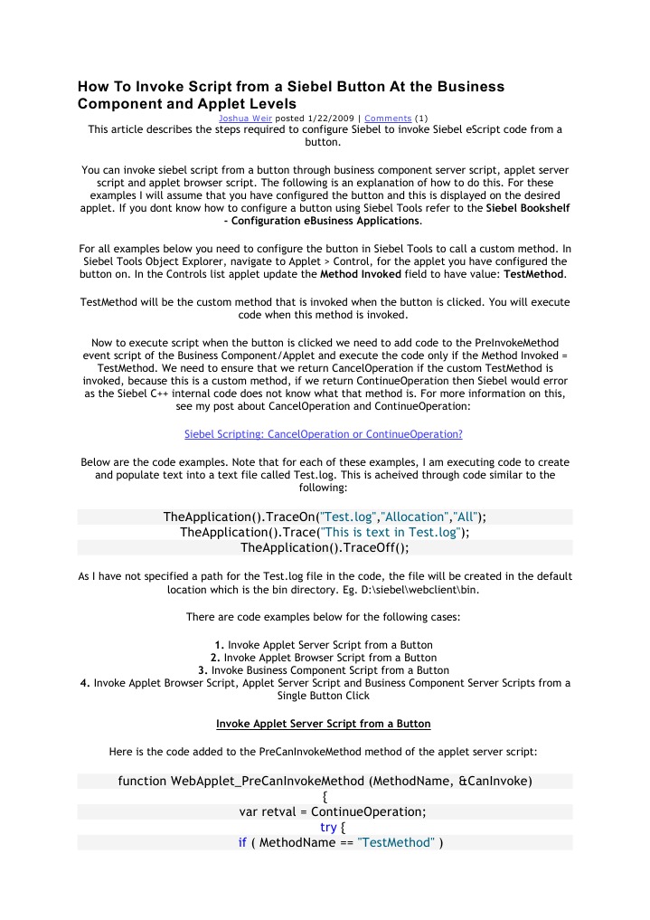 How To Invoke Script From A Siebel Button at The Business Component and ...