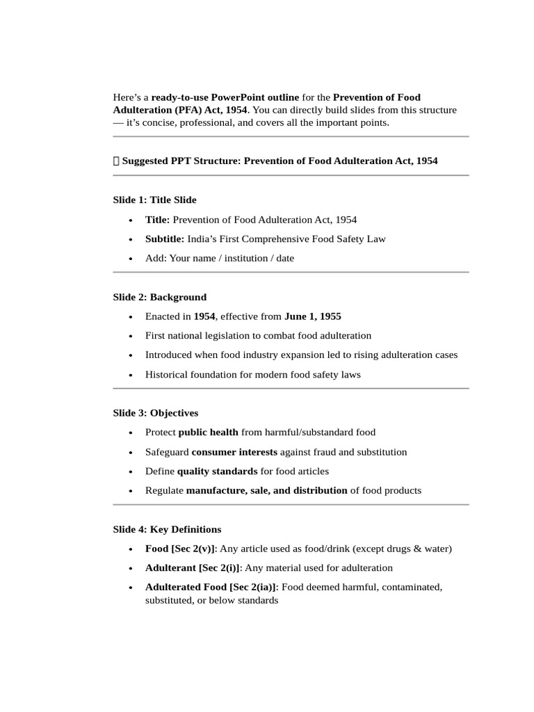 PowerPoint Outline: PFA Act 1954 | PDF | Food Safety | Justice