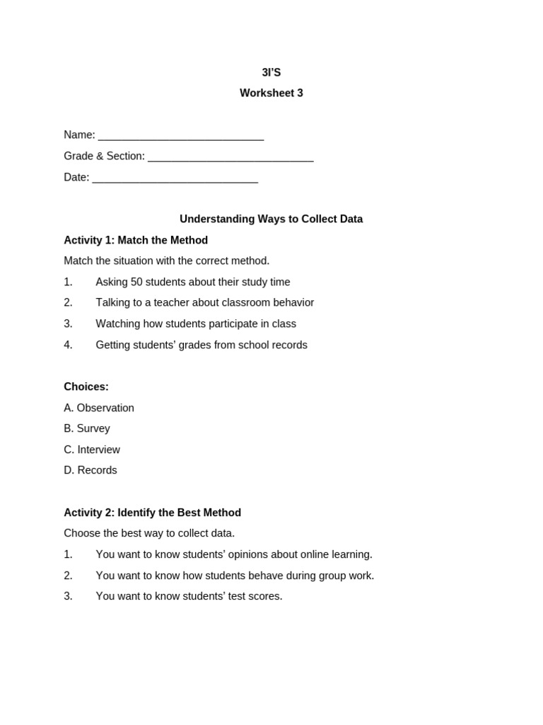 Data Collection Methods Worksheet | PDF