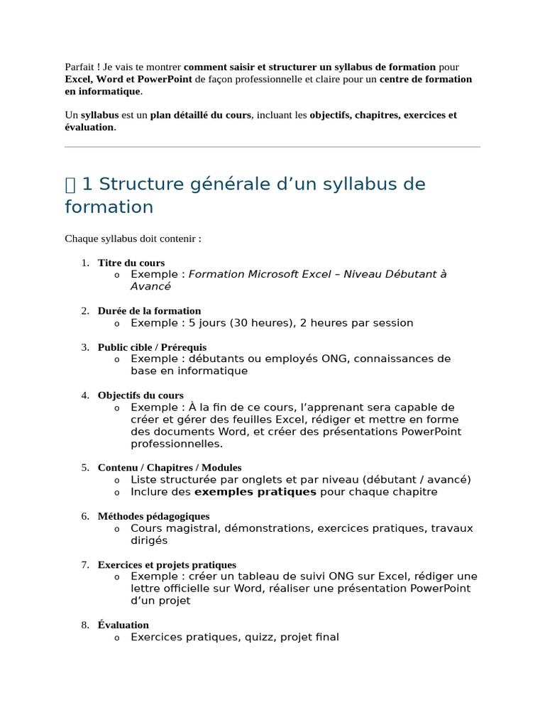 Syllabus de formation Microsoft Office | PDF | Microsoft Excel ...