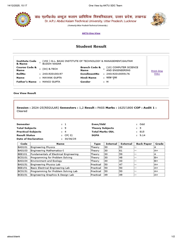 AKTU B.Tech Computer Science Results | PDF | Physical Sciences | Computing