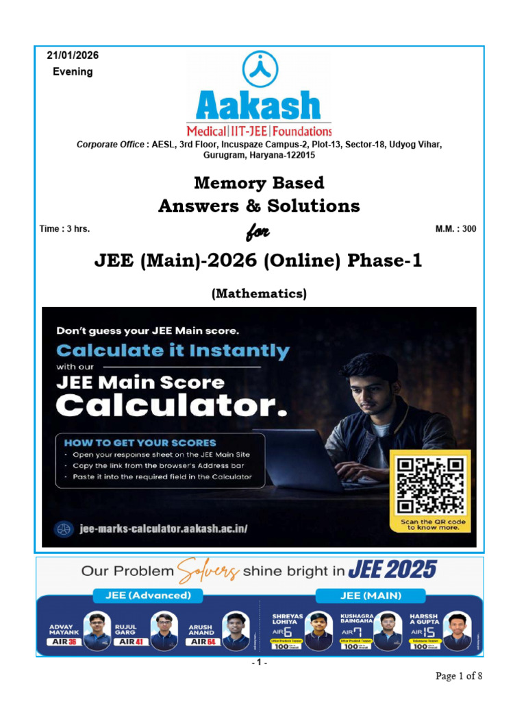 JEE Main 2026 Mathematics Solutions | PDF | Mathematics