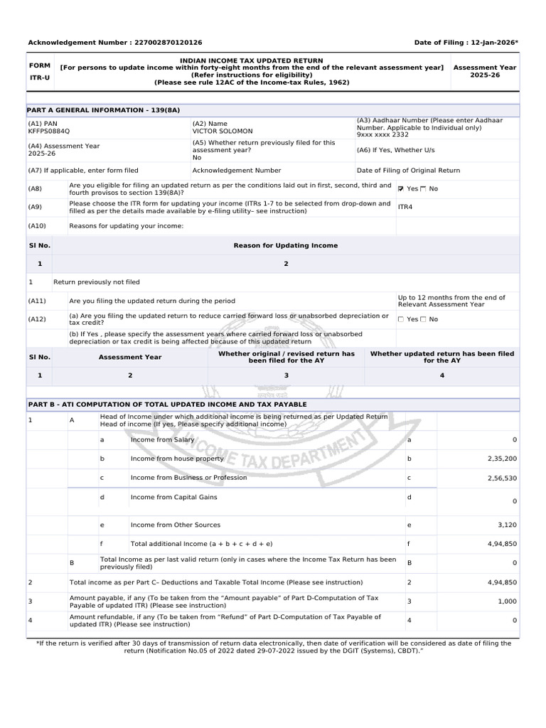 Indian Income Tax Updated Return ITR-U | PDF | Tax Refund | Tax Deduction