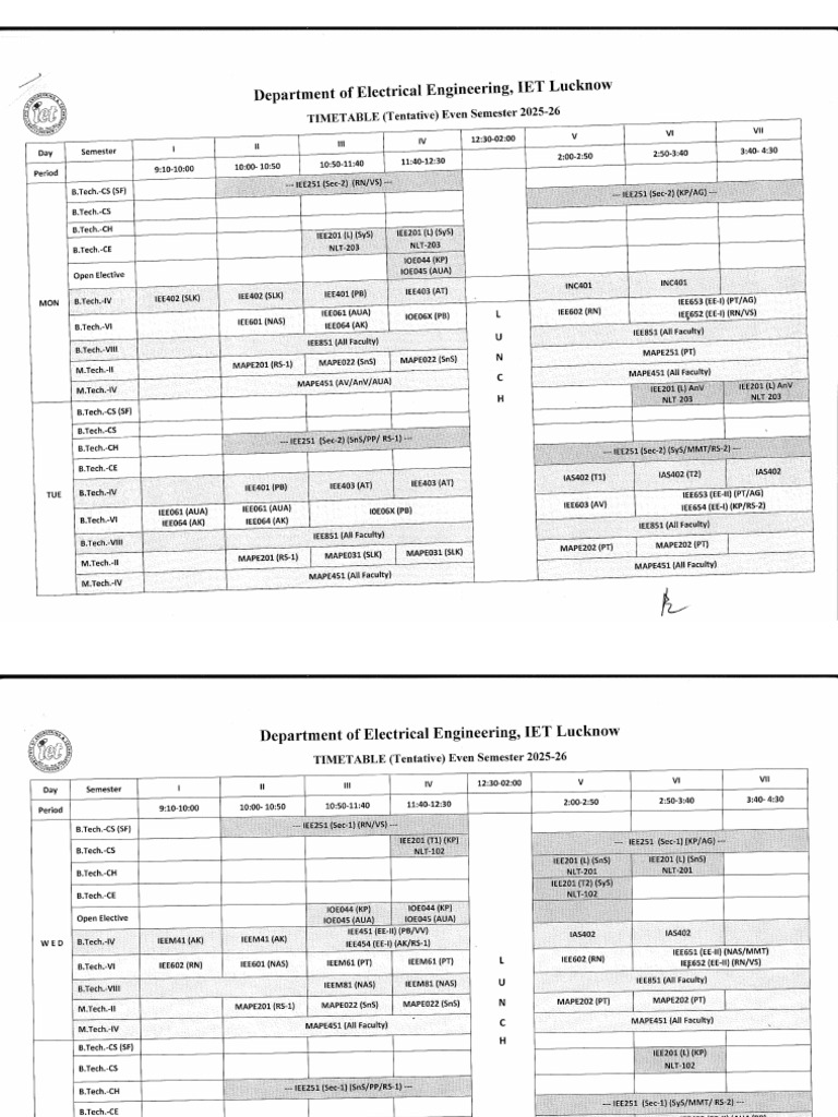 Time Table Even Sem 2025-26 EED | PDF
