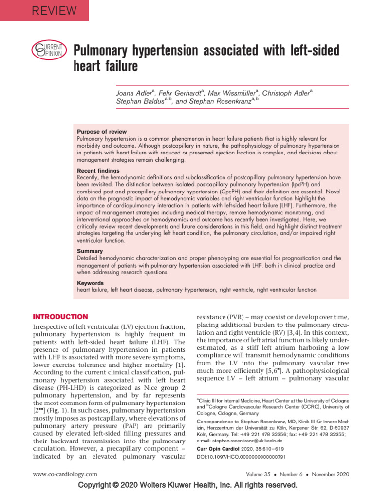 Pulmonary Hypertension in Left Heart Failure | PDF | Heart Failure ...