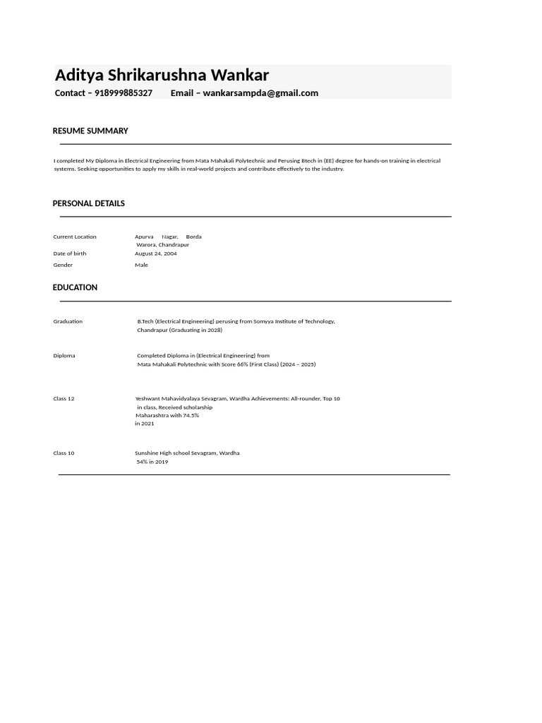 Electrical Engineering Student Resume | PDF