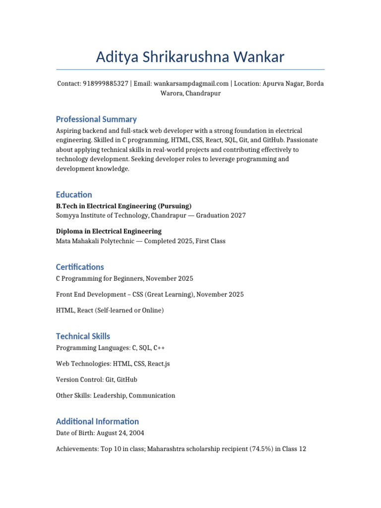 Aspiring Full-Stack Developer Profile | PDF