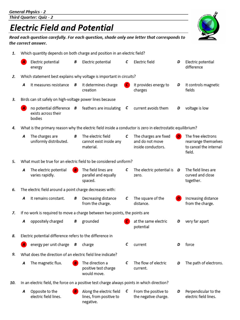 Electric Field and Potential Quiz | PDF | Electric Field | Potential Energy