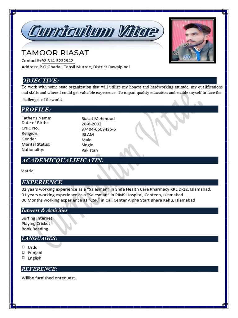 Salesman Resume of Tamoor Riasat | PDF