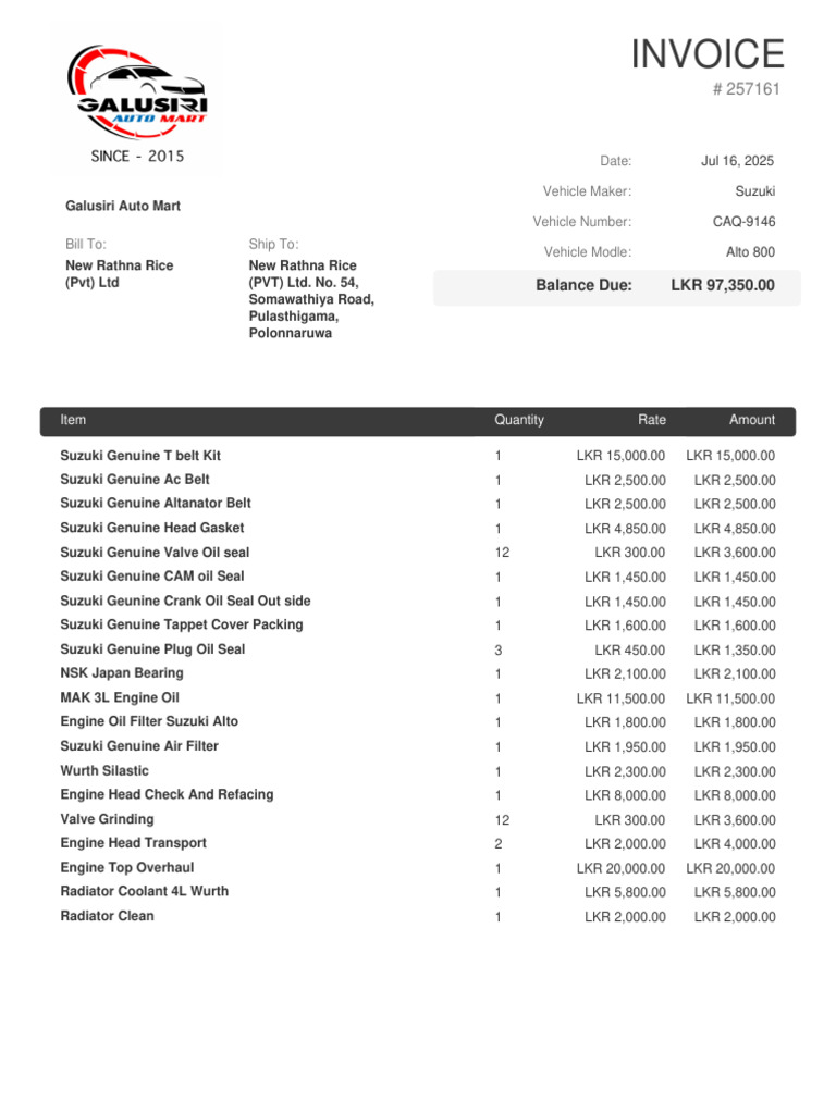 Suzuki Alto Invoice - Galusiri Auto Mart | PDF | Vehicle Parts ...