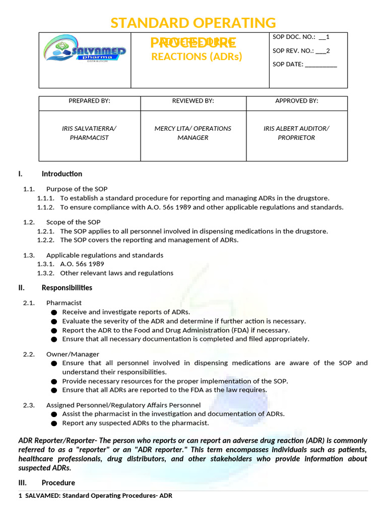SOP for Managing Adverse Drug Reactions | PDF | Pharmacy | Pharmacist