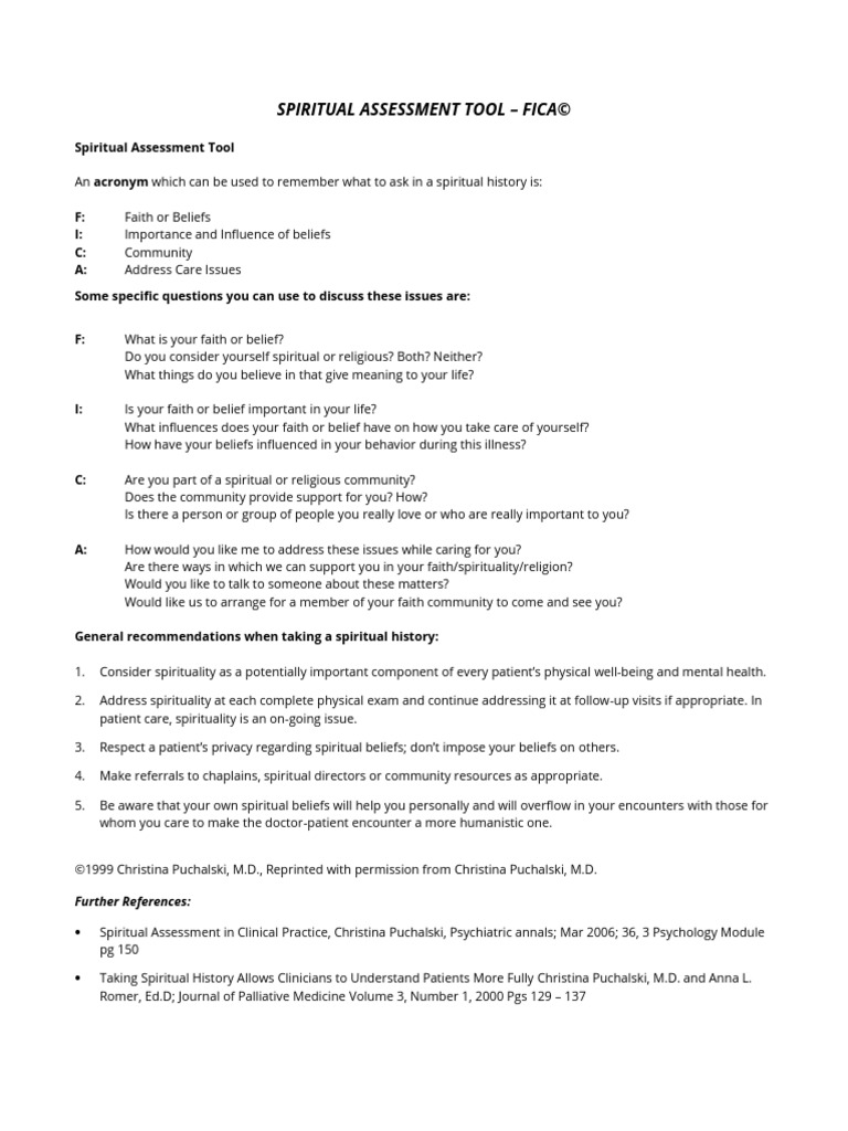 FICA Spiritual Assessment Guide | PDF | Faith | Health Care