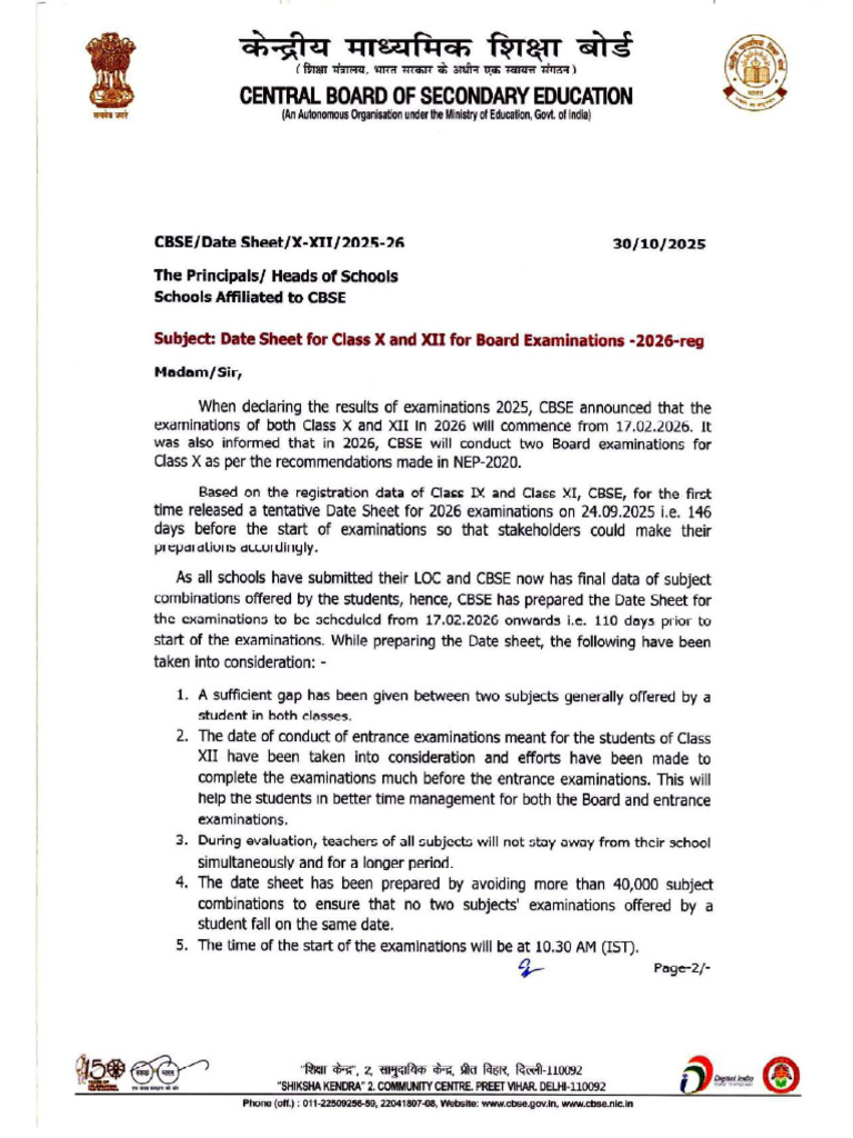 Cbse Board Class x Examination Date Sheet 2025 26 Compressed ...