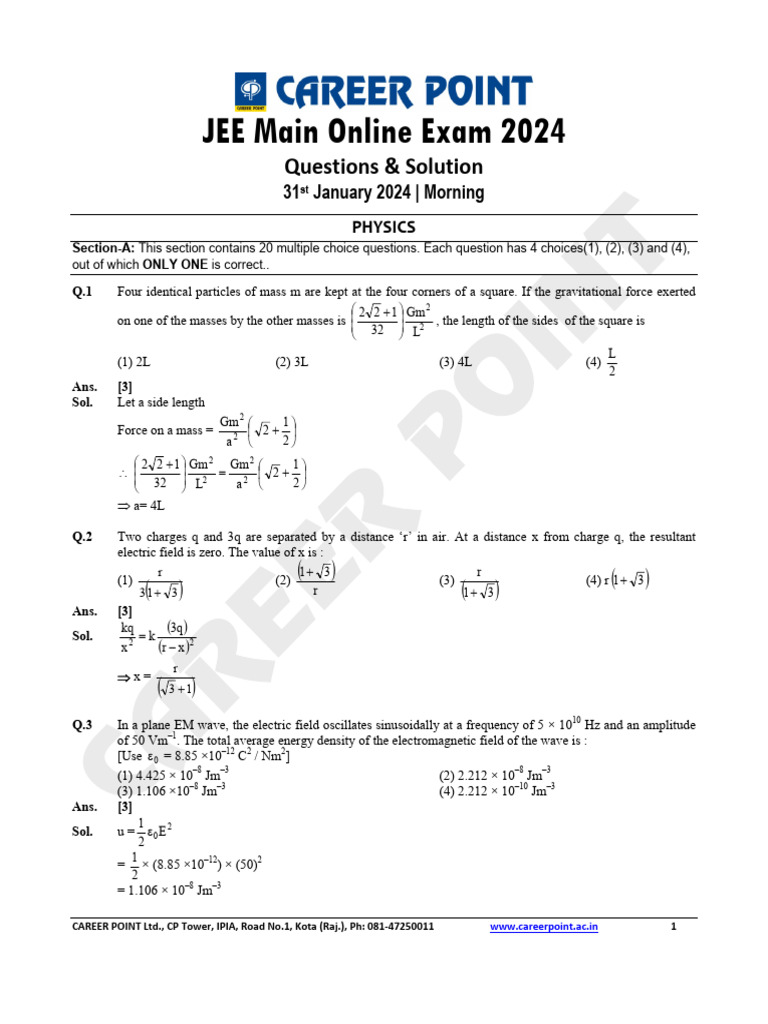 JEE Main 2024 Physics Questions & Solutions | PDF | Distillation ...