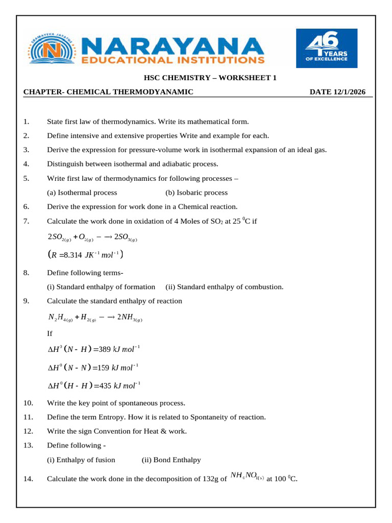 HSC Chemistry: Thermodynamics Worksheet | PDF