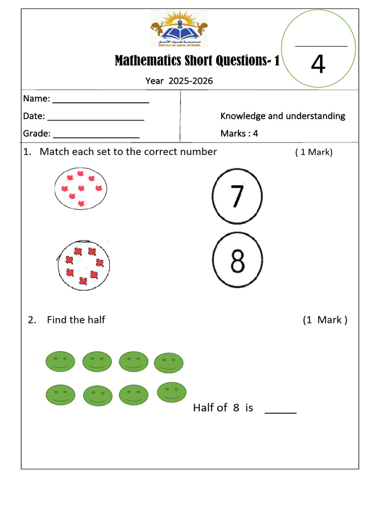 Mathematics Short Questions for Grade 1 | PDF