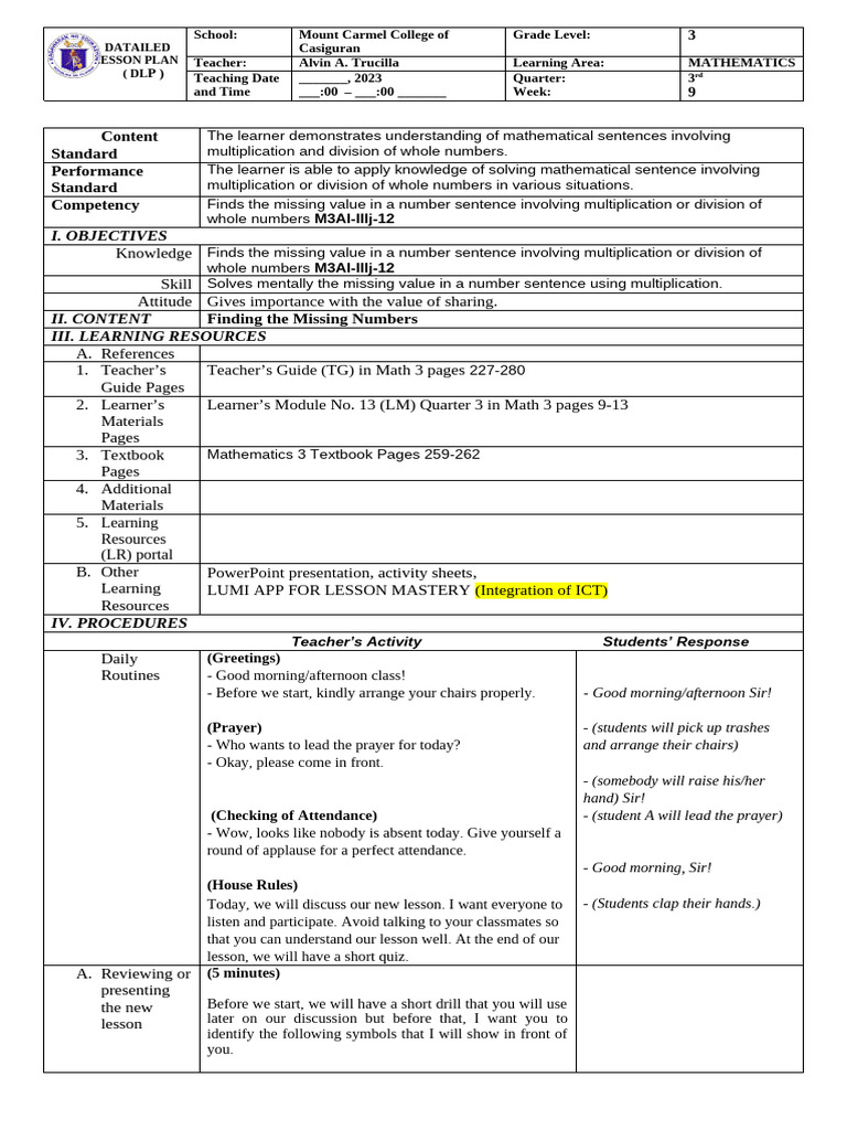 Grade 3 Math Lesson Plan: Missing Values | PDF | Learning | Teachers