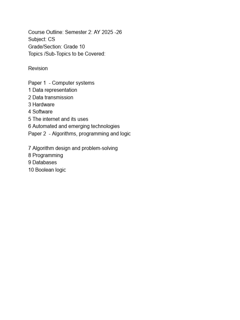 Grade 10 CS Course Outline AY 2025-26 | PDF